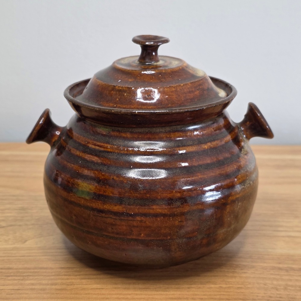 Vintage Stoneware Pot‎ with Lid Handcrafted Rustic Brown Ceramic Kitchenware - Picture 2 of 9